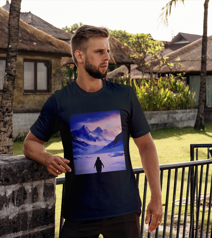 Nihilist Penguin Silhouette In Mountainous Ice Landscape T-Shirt