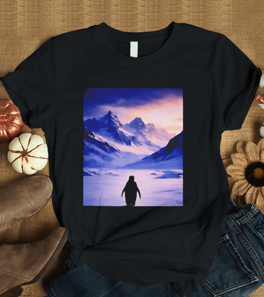 Nihilist Penguin Silhouette In Mountainous Ice Landscape T-Shirt