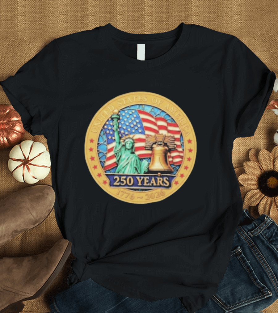 United States Of America 250 Years 1776 2026 Liberty Bell And Statue Of Liberty Celebration T-Shirt