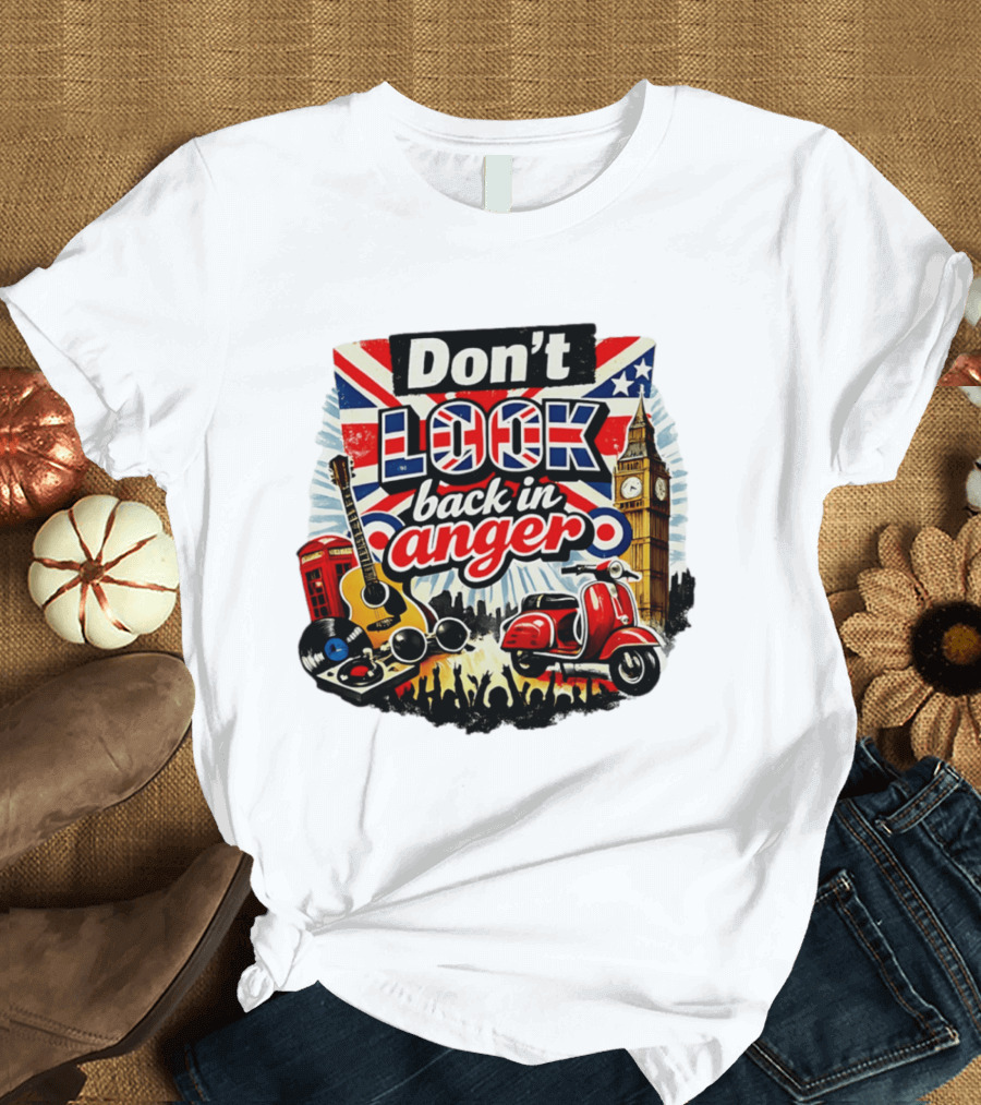 Don't Look Back In Anger UK Flag Vespa Guitar Big Ben Music T-Shirt