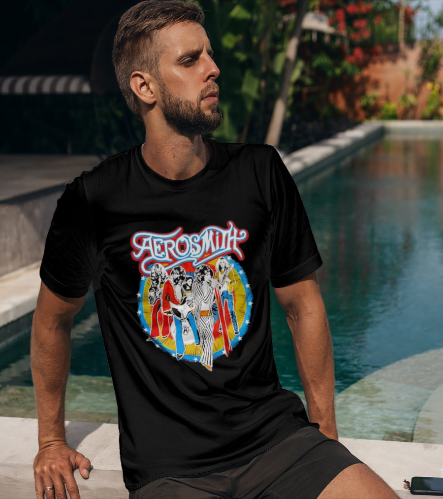 Aerosmith Vintage Band Members Illustration With Stars And Sunburst T-Shirt
