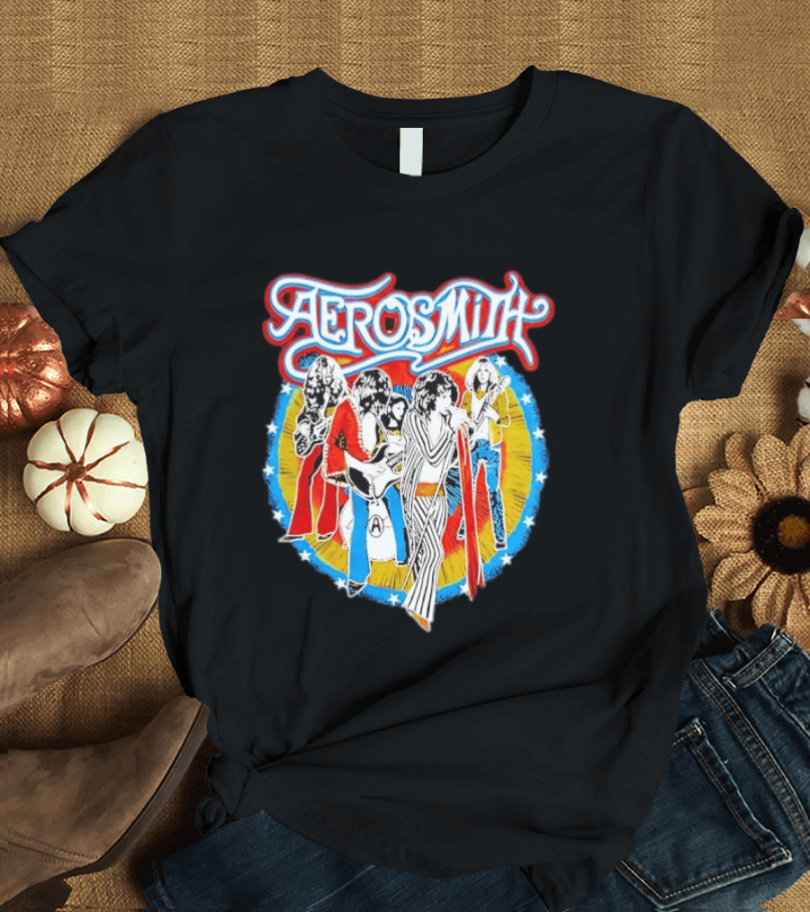 Aerosmith Vintage Band Members Illustration With Stars And Sunburst T-Shirt