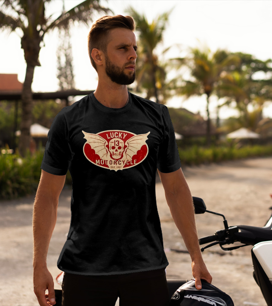 Lucky 13 Motorcycle Winged Skull Est 1991 T-Shirt