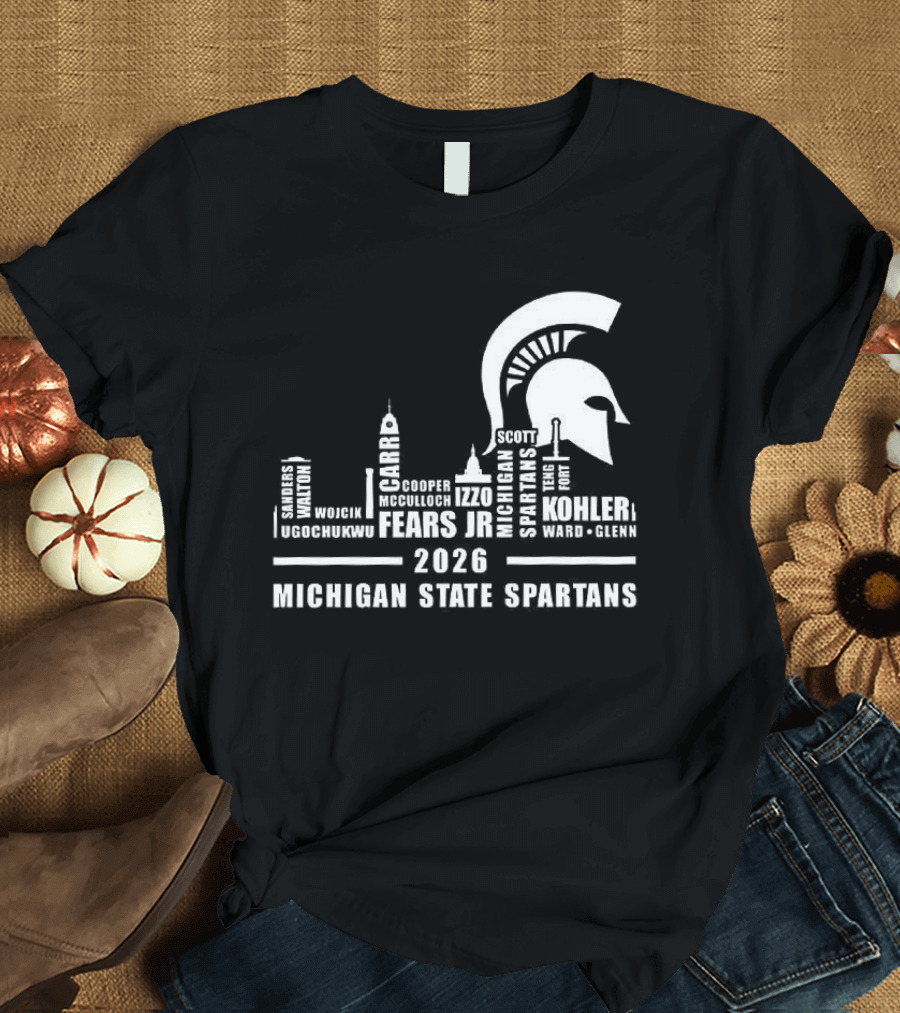 Michigan State Spartans 2026 City Skyline Buildings And Helmet T-Shirt
