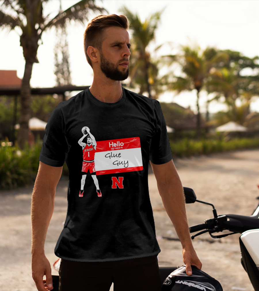 Sam Hoiberg Nebraska Cornhuskers Hello My Name Is Glue Guy T-Shirt