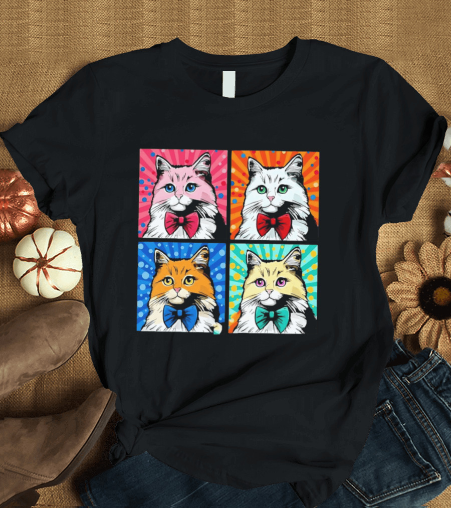 Pop Art Pop Four Panel Colorful Cats Wearing Bowties Kilkennycat T-Shirt