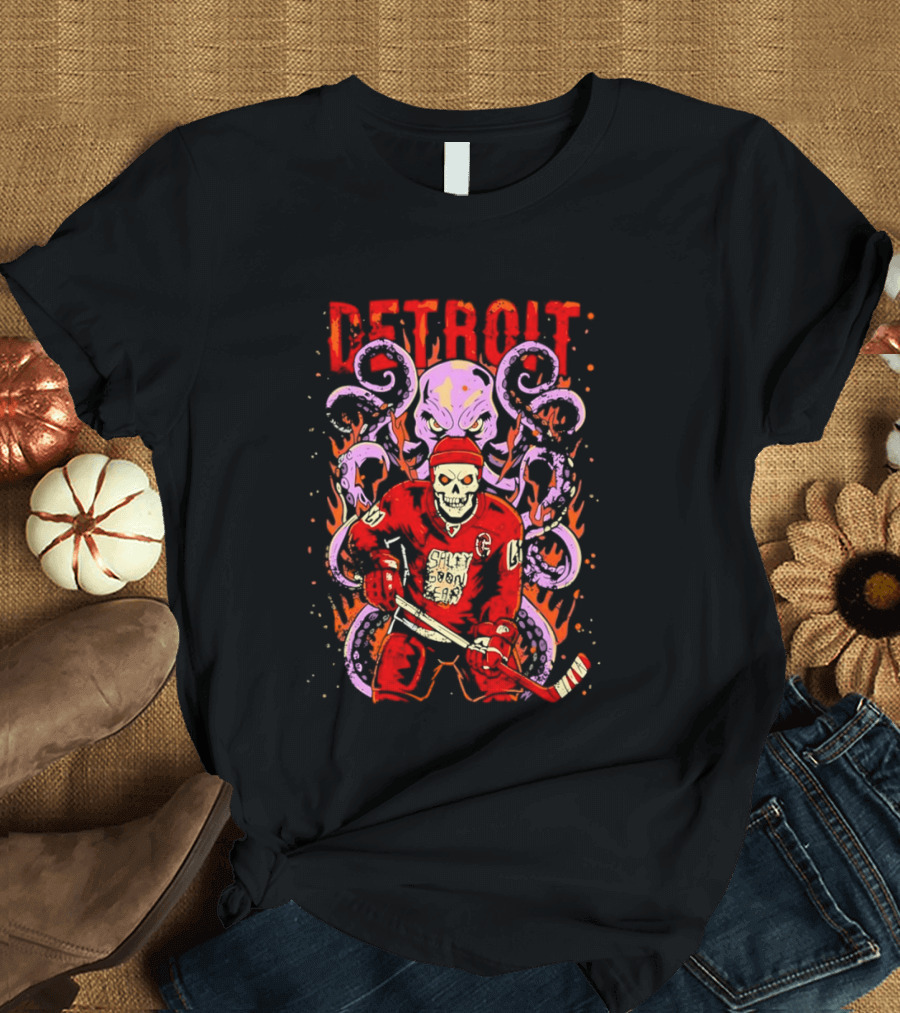 Detroit Salty Goon Skeleton Hockey Giant Octopus T-Shirt