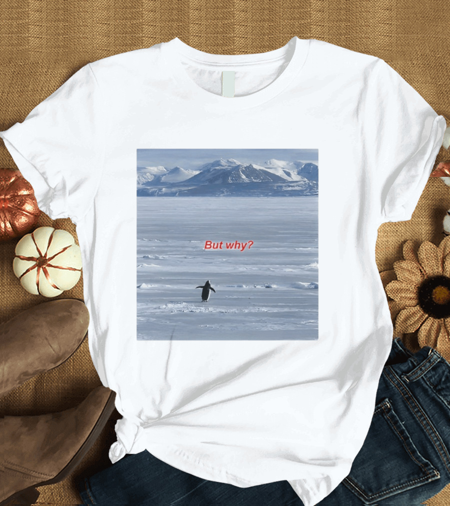 But Why Penguin Nihilist Scenic Antarctic Mountains T-Shirt