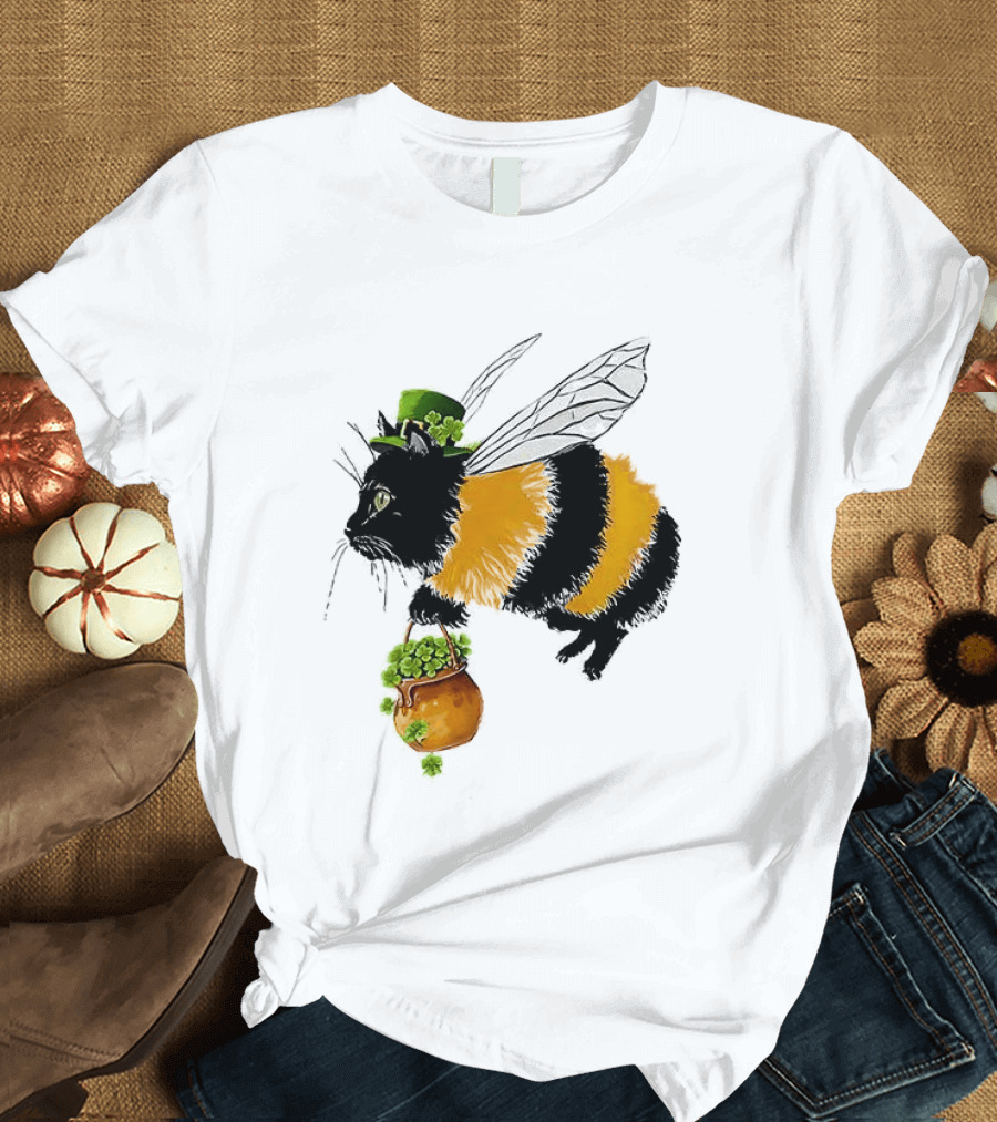 Catbee Lucky Buzz Cat With Clover And Leprechaun Hat T-Shirt