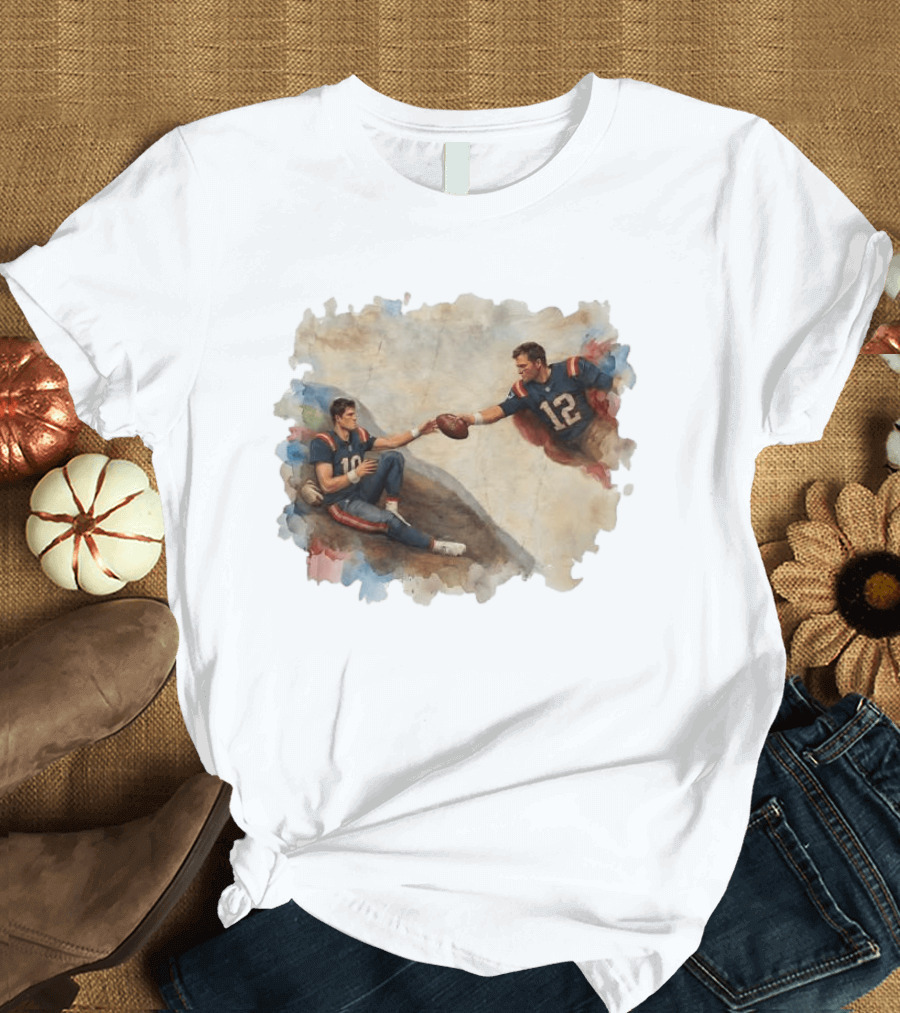 New England Football Brady Number 12 And Maye Number 10 Handing Football Painting T-Shirt