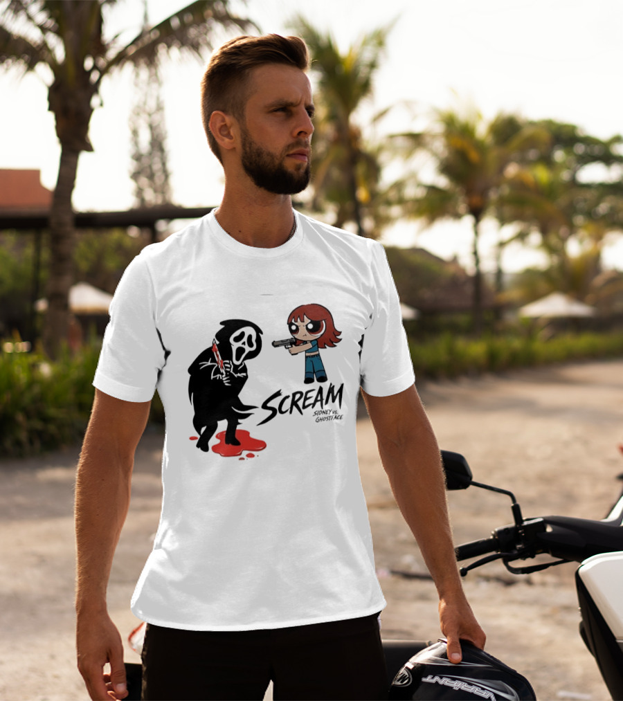 Scream Sidney Vs. Ghostface Cartoon Style Showdown With Knife And Splatter T-Shirt