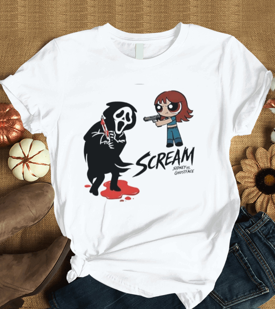 Scream Sidney Vs. Ghostface Cartoon Style Showdown With Knife And Splatter T-Shirt