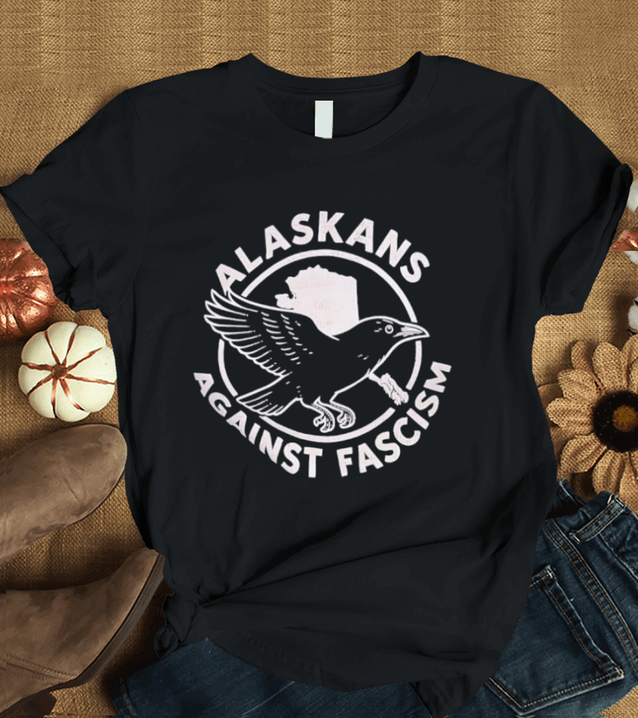 Alaskans Against Fascism Raven Activism Symbol With Alaska Map T-Shirt