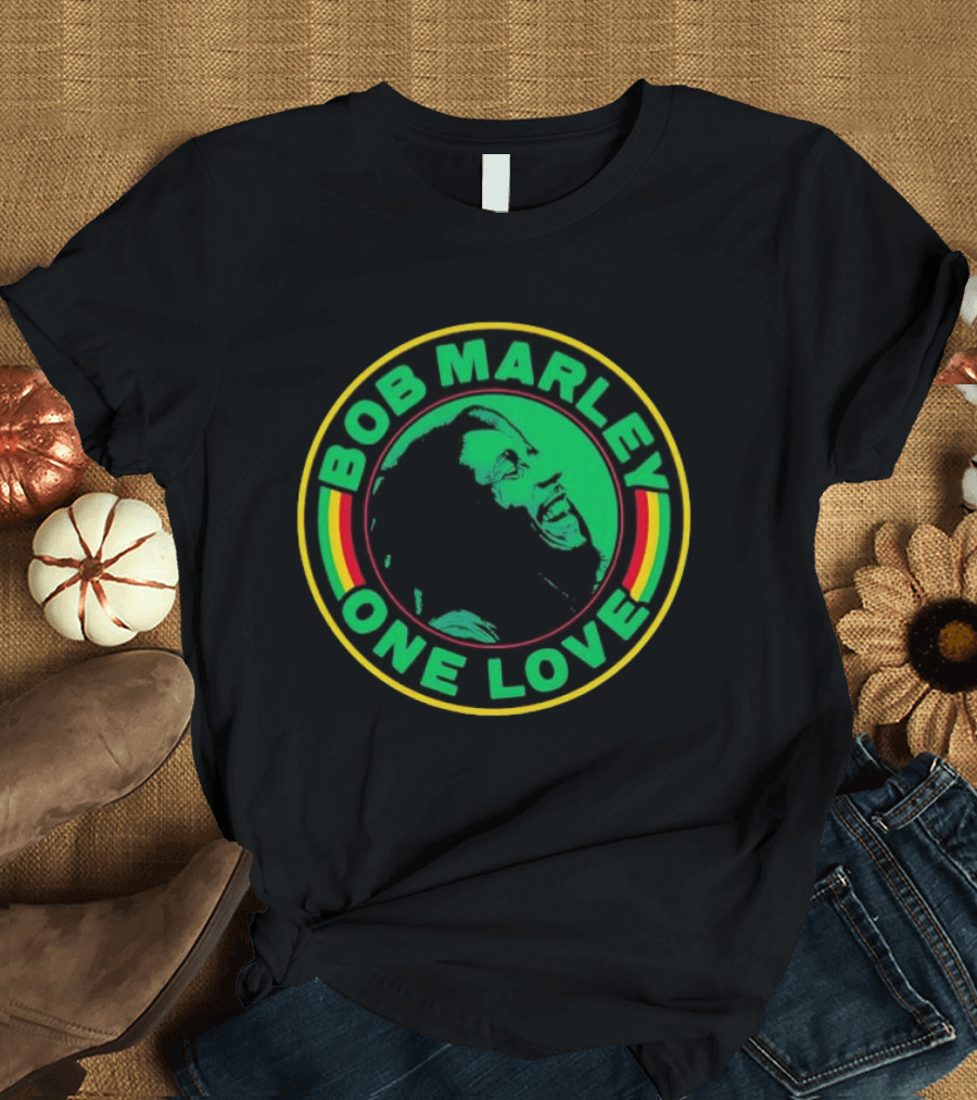 Bob Marley One Love Iconic Circle Emblem With Green And Red Highlights T-Shirt