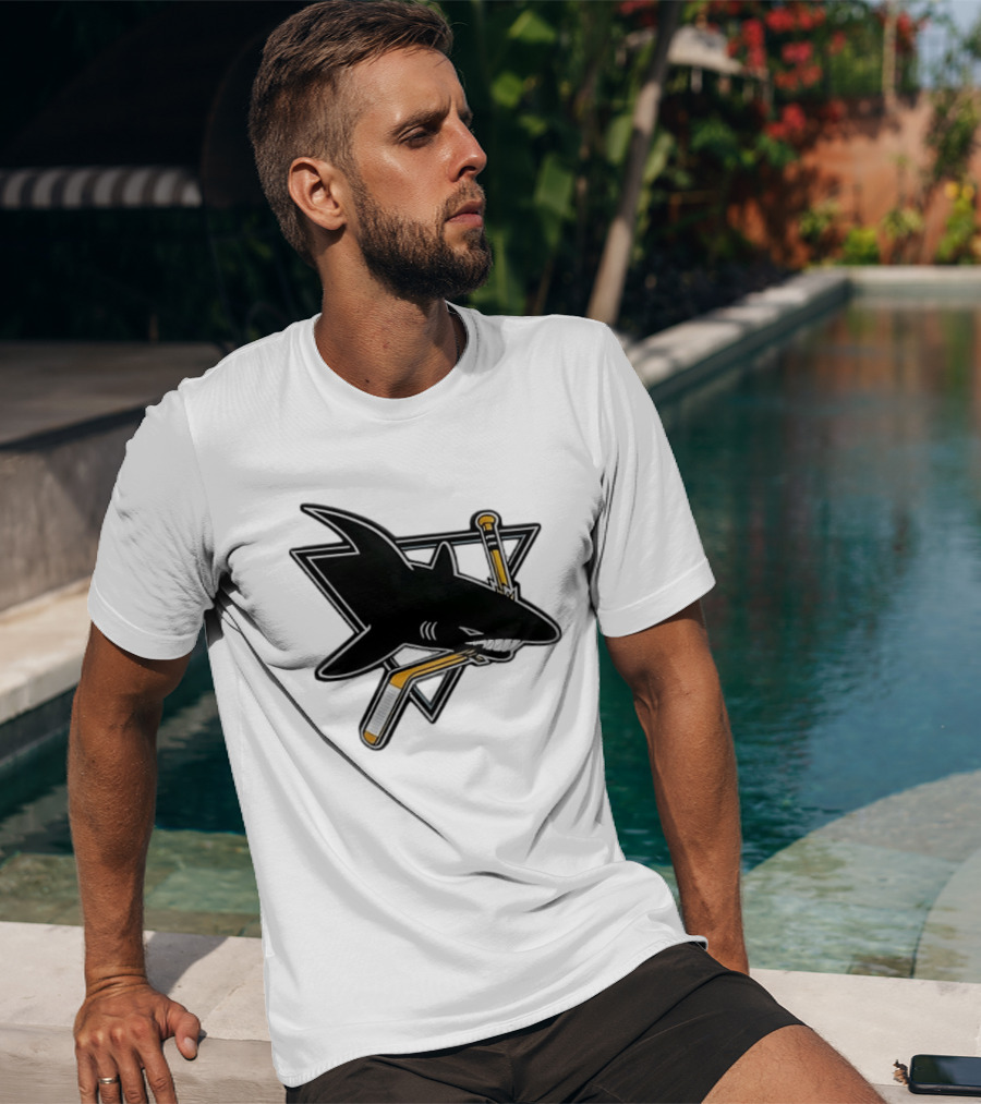 San Jose Sharks Biting Hockey Stick Triangle Sports T-Shirt