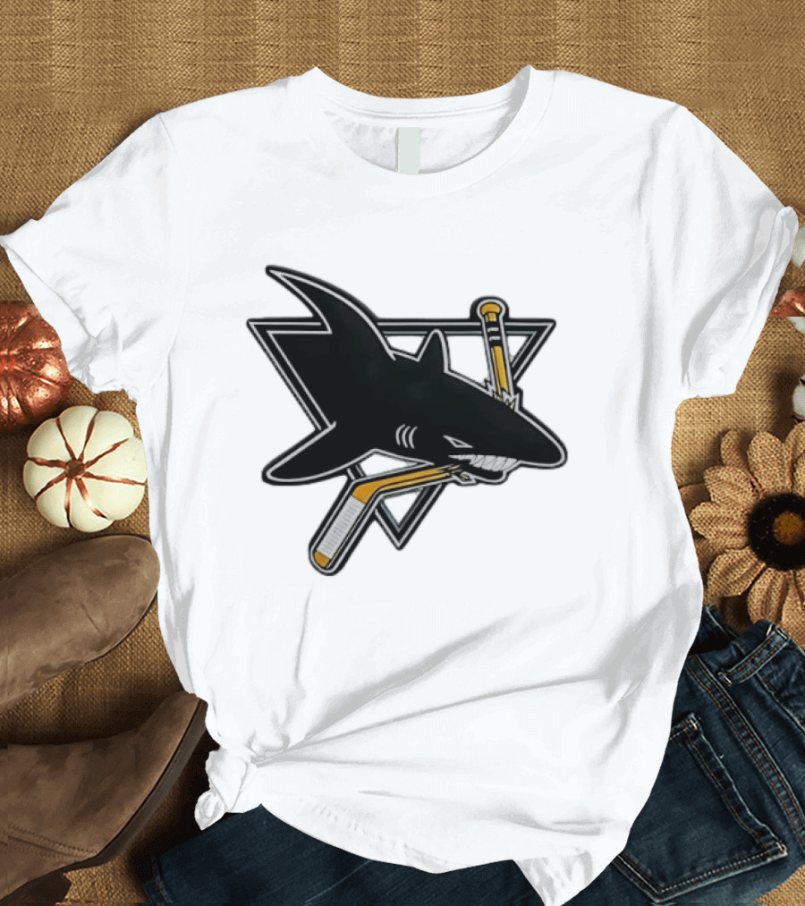San Jose Sharks Biting Hockey Stick Triangle Sports T-Shirt