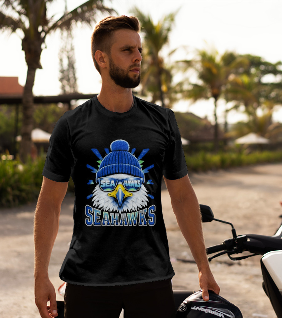 Seahawks Eagle Face With Sunglasses And Winter Hat T-Shirt