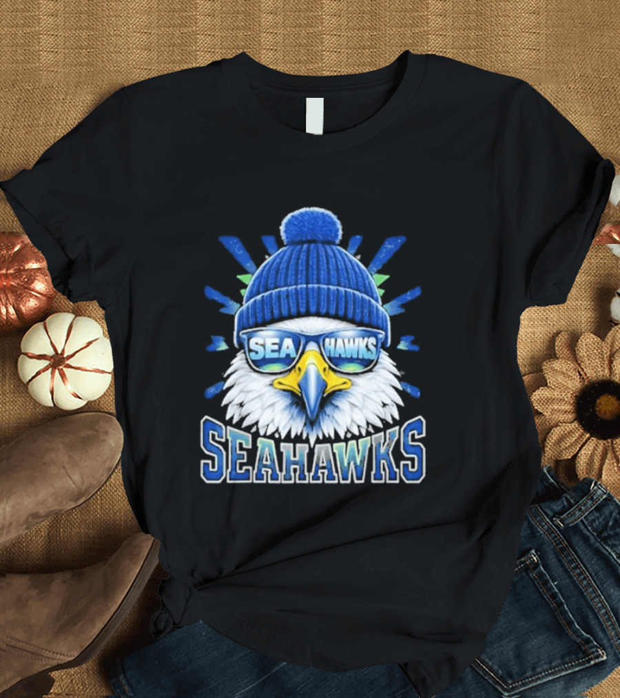 Seahawks Eagle Face With Sunglasses And Winter Hat T-Shirt