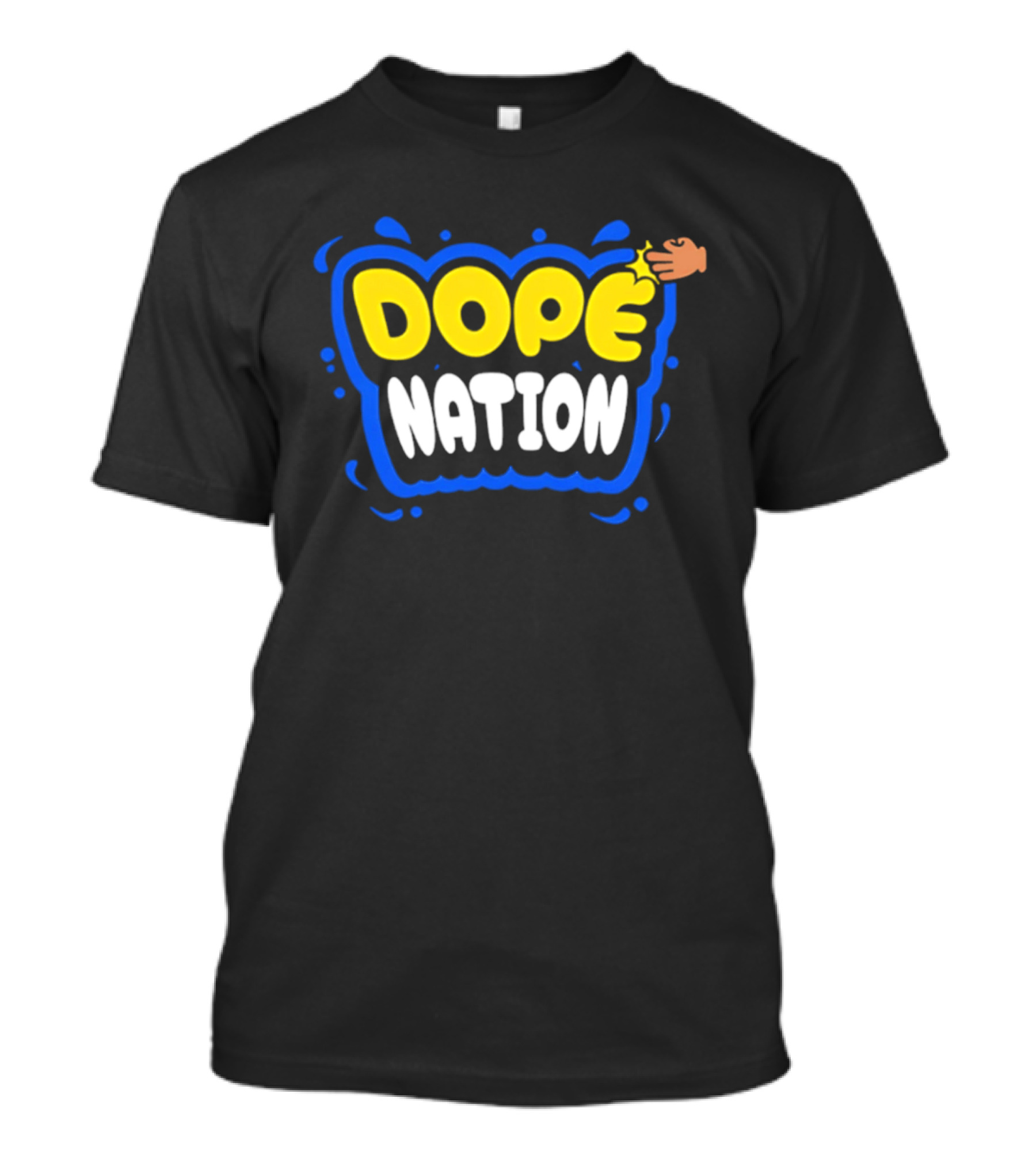 Dope Nation Bubble Letters With Yellow Hand And Blue T-Shirt