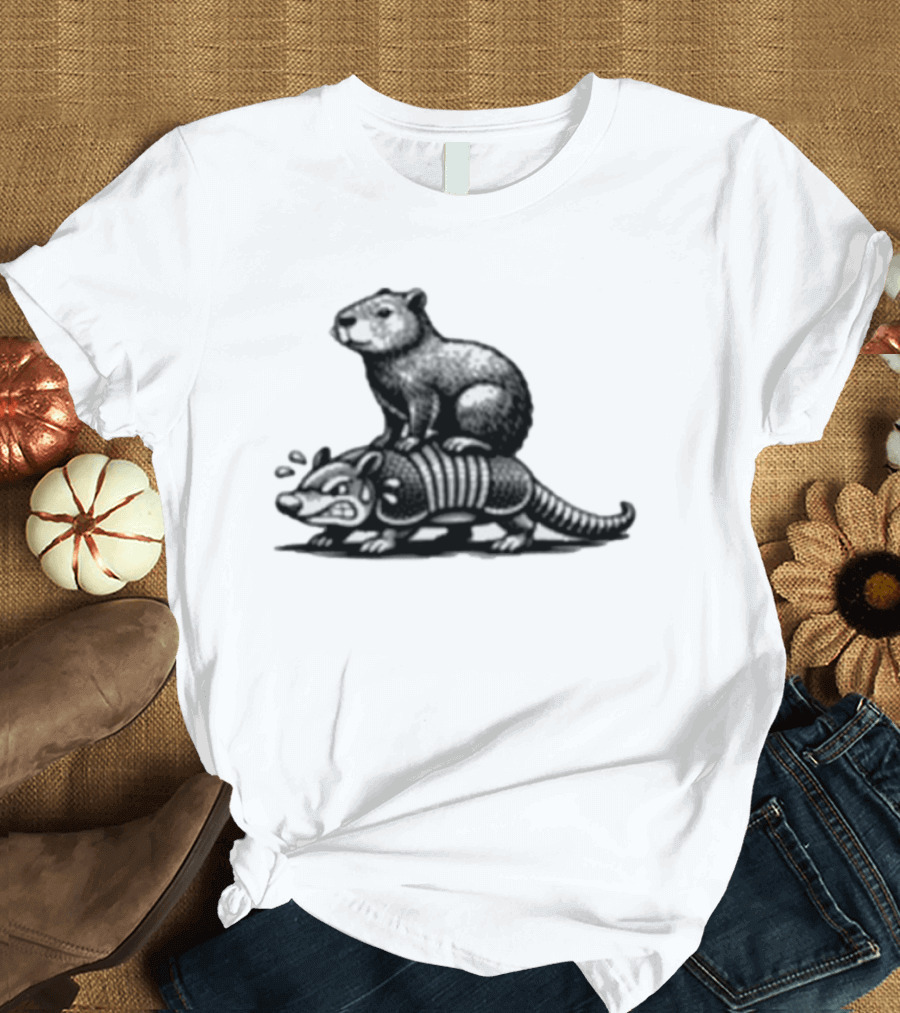 Capybara Riding Armadillo Black And White Illustration Adventure T-Shirt