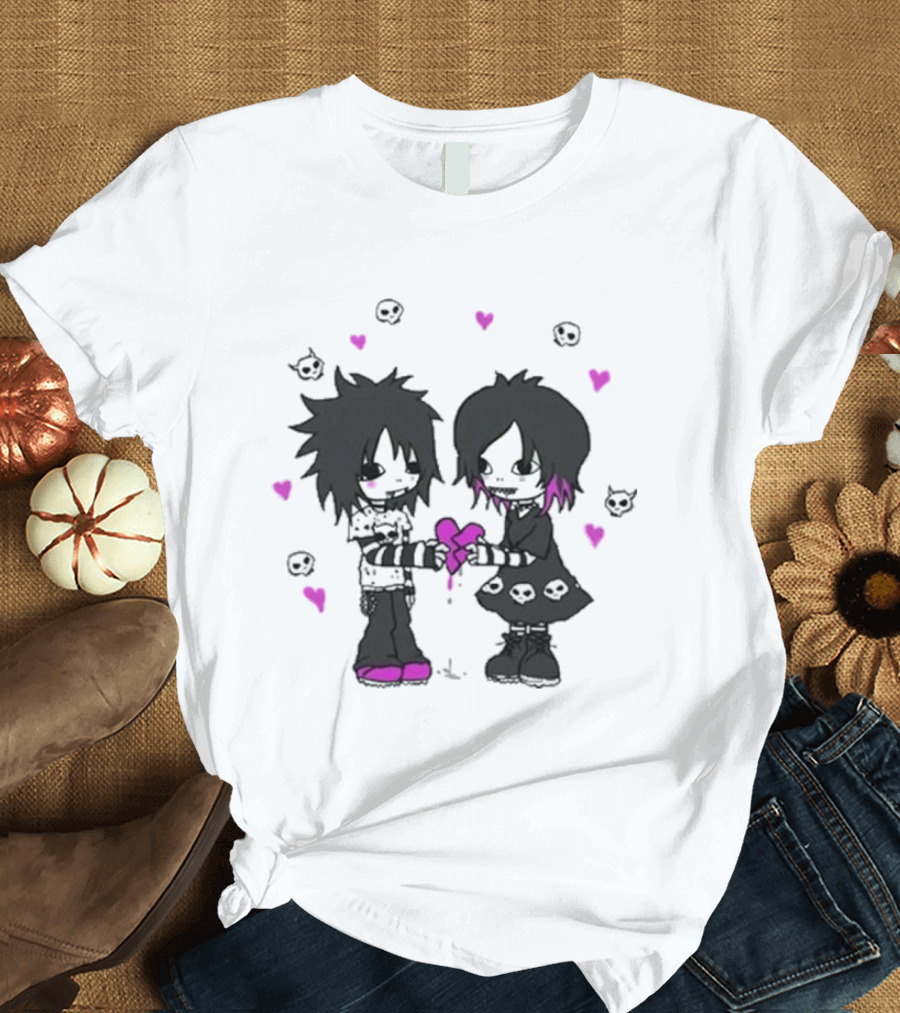 Goodie Two Sleeves Zombie Love Emo Couple Heart Skulls Pink Black T-Shirt