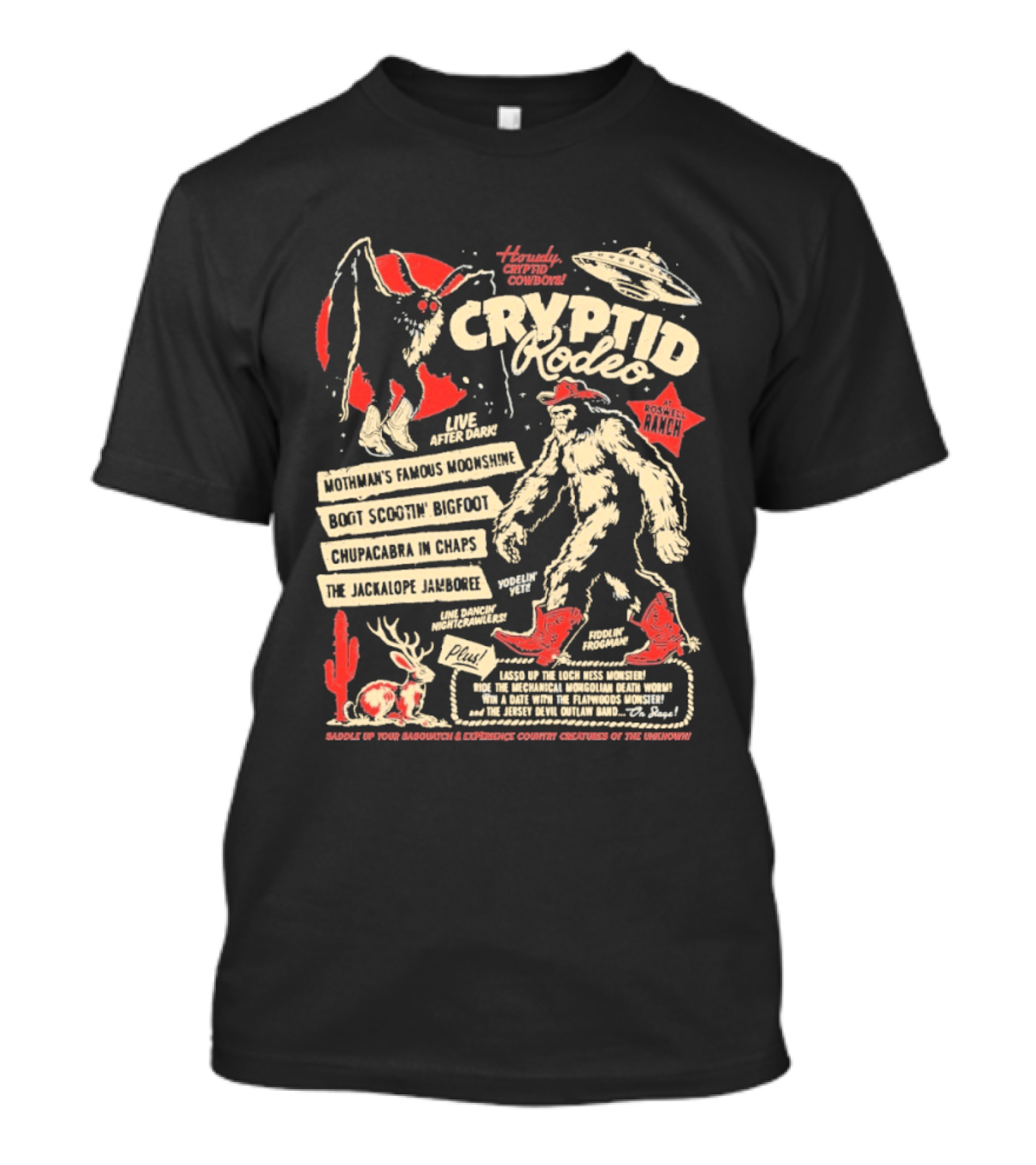 Howdy Cryptid Rodeo Yeti Sasquatch UFO Cactus Jackalope Chupacabra T-Shirt