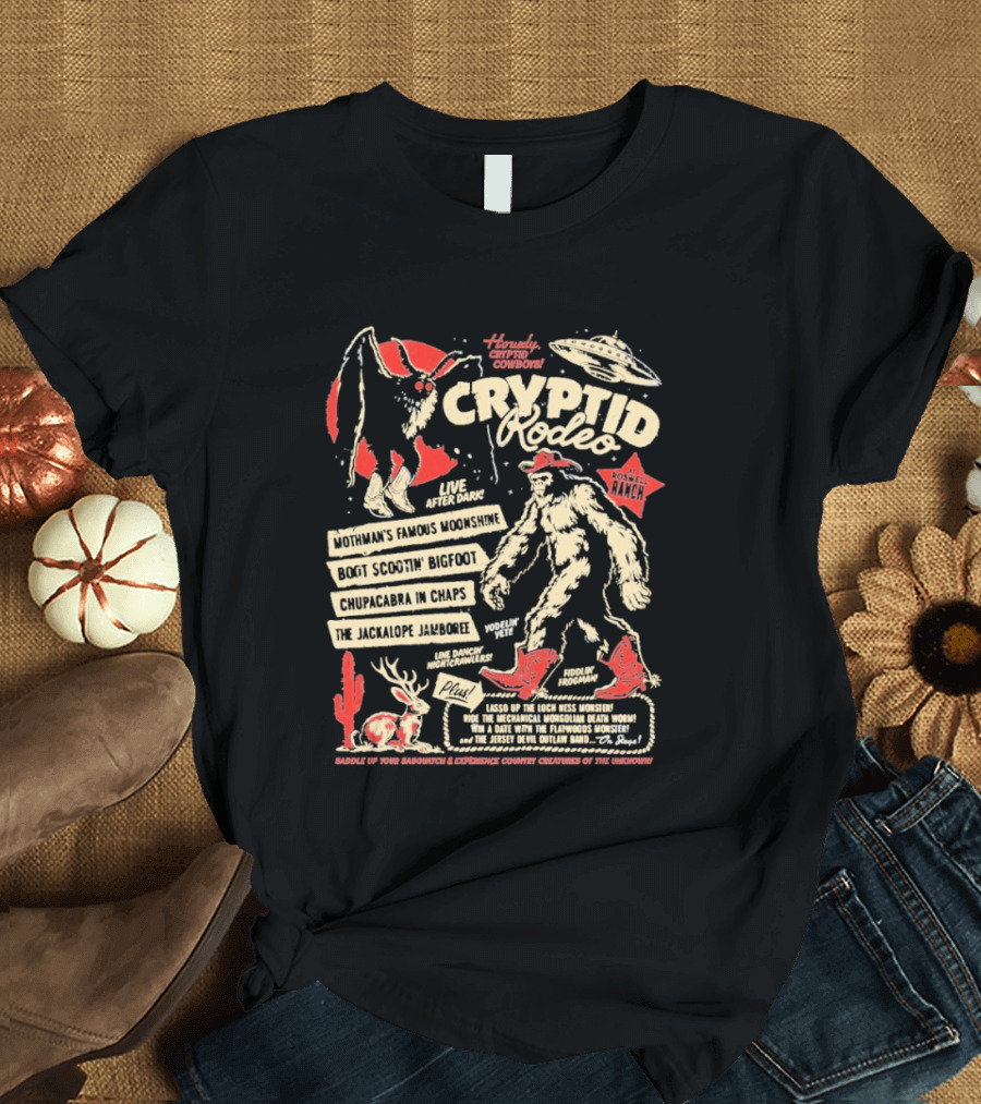 Howdy Cryptid Rodeo Yeti Sasquatch UFO Cactus Jackalope Chupacabra T-Shirt