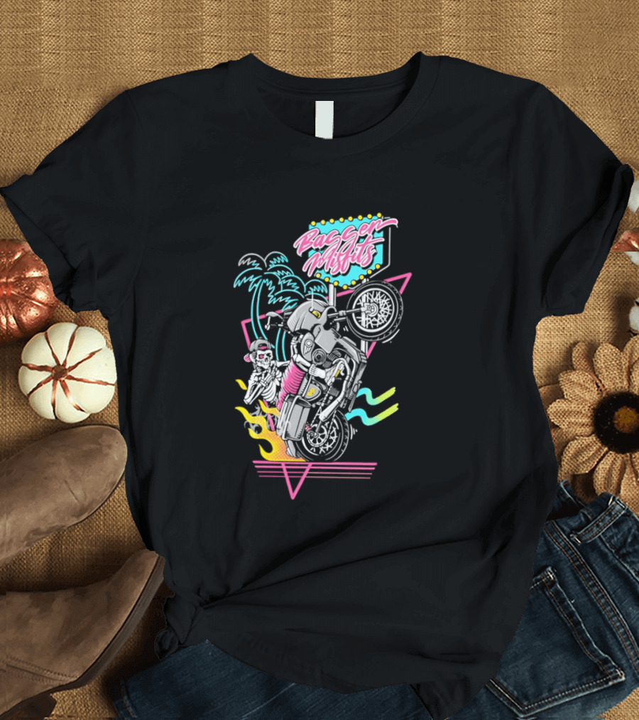 Bagger Misfits Skeleton Motorcycle Wheelie Neon 80s Palm Trees T-Shirt