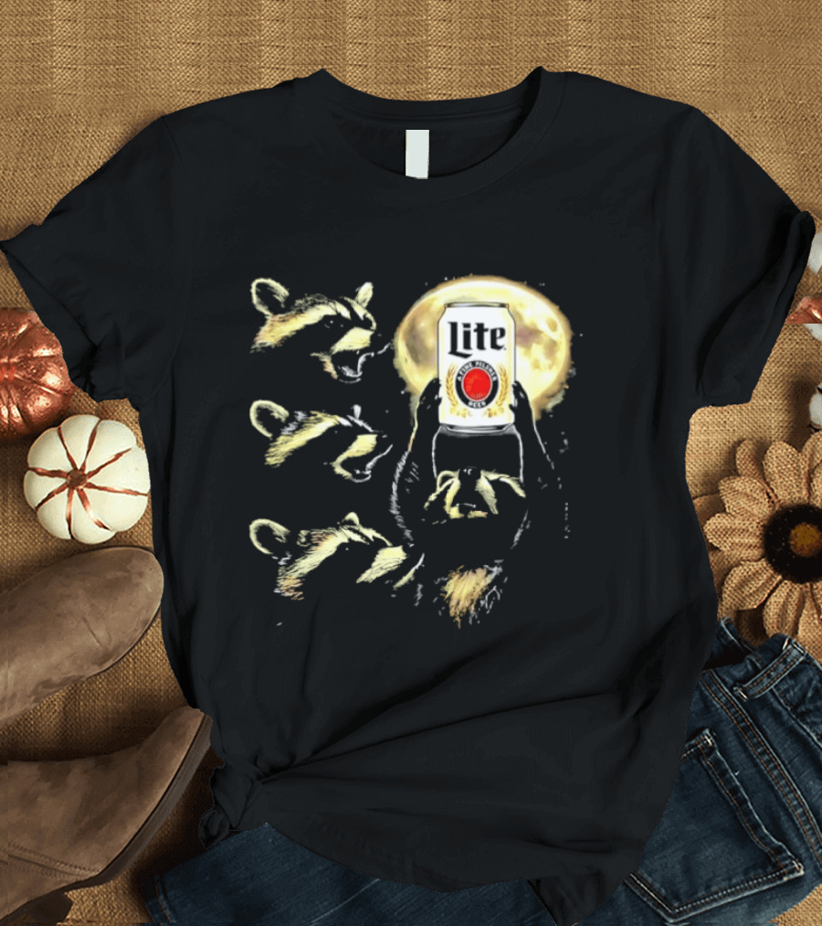 Four Raccoons Howling At Moon With Miller Lite Can T-Shirt
