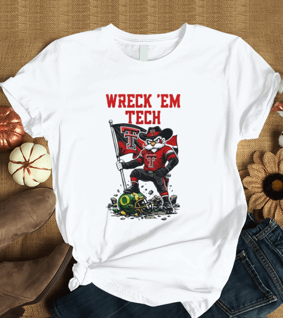 Wreck 'Em Tech Texas Tech Red Raiders Raider Red Flag And Helmet T-Shirt
