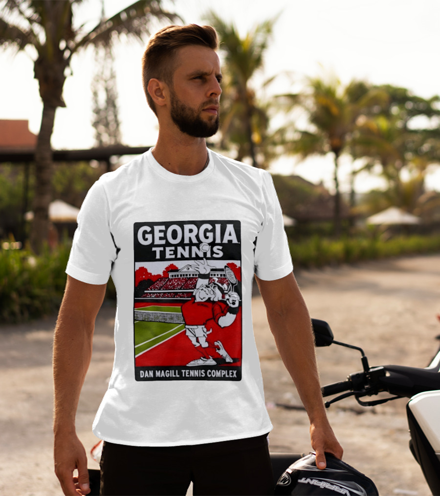 Georgia Tennis Dan Magill Tennis Complex Cartoon Character Court Scene T-Shirt