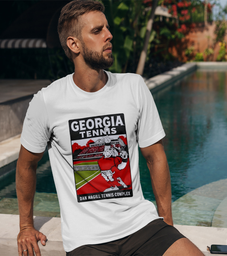 Georgia Tennis Dan Magill Tennis Complex Cartoon Character Court Scene T-Shirt