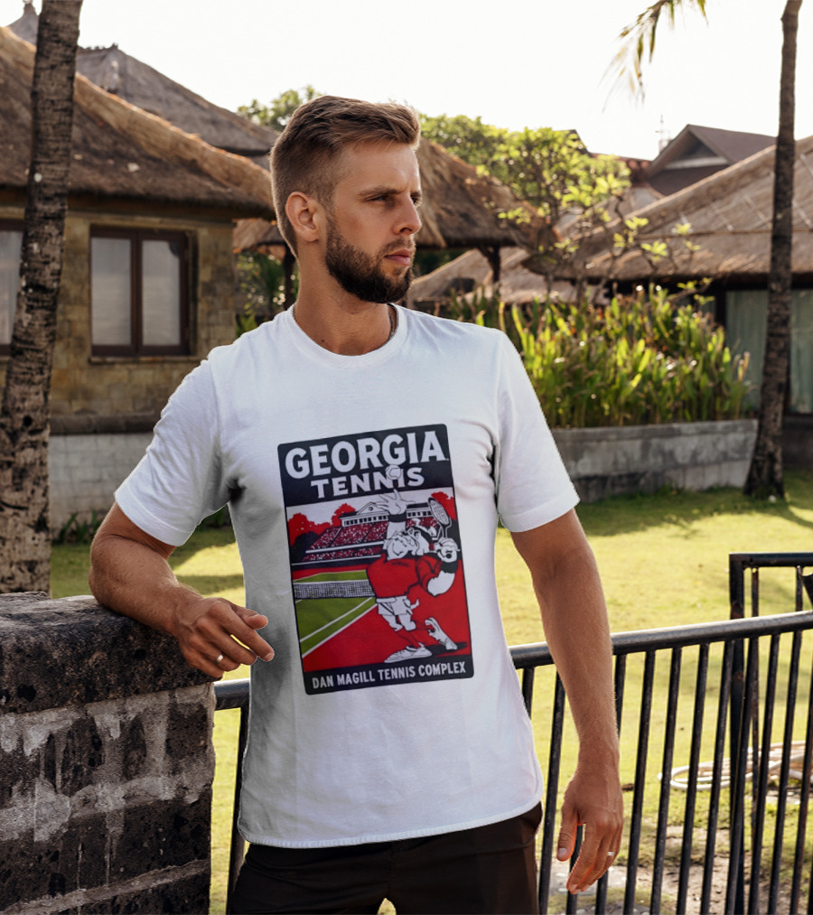 Georgia Tennis Dan Magill Tennis Complex Cartoon Character Court Scene T-Shirt