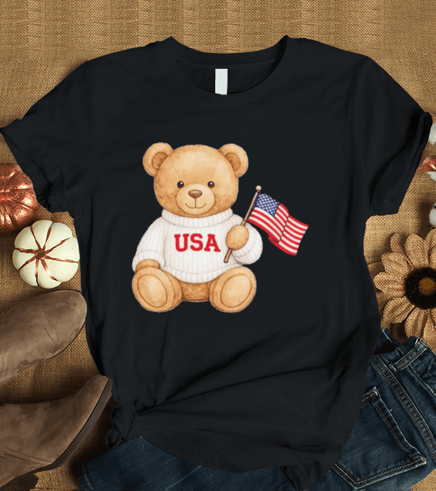 USA Teddy Bear Holding American Flag T-Shirt
