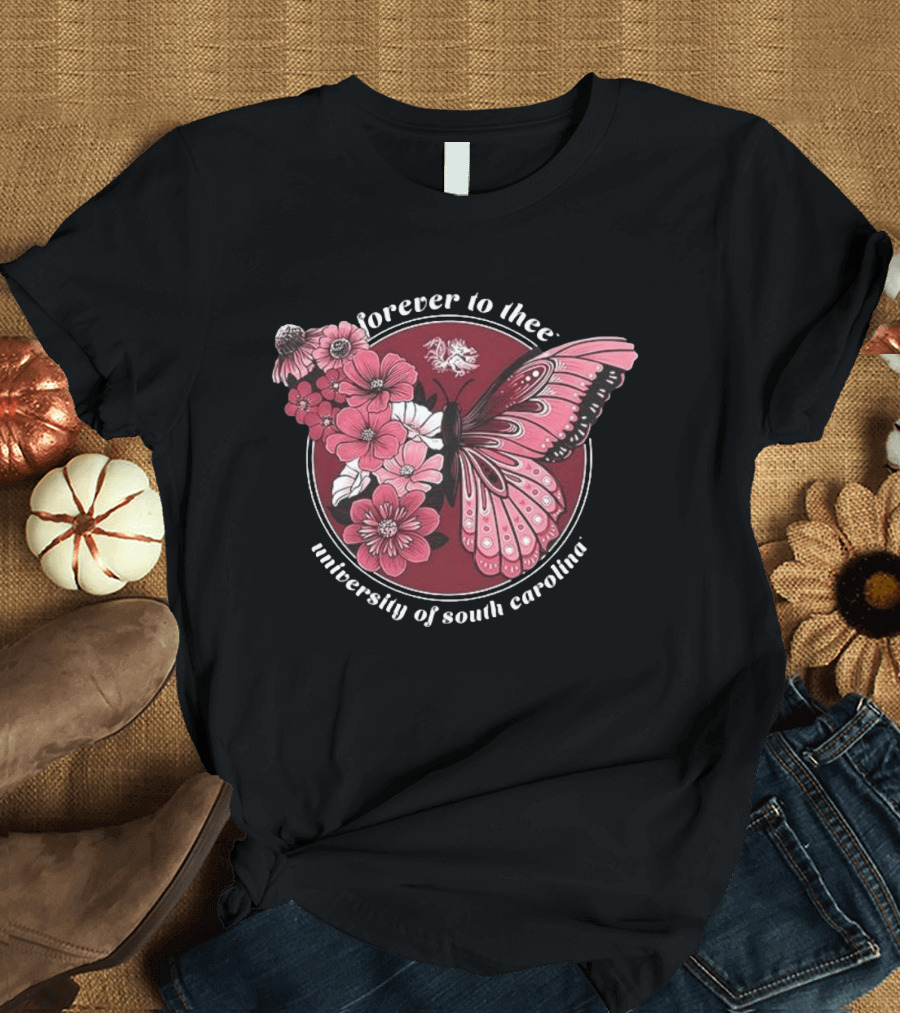 South Carolina Gamecocks Garnet Butterfly Forever To Thee University Flowers T-Shirt