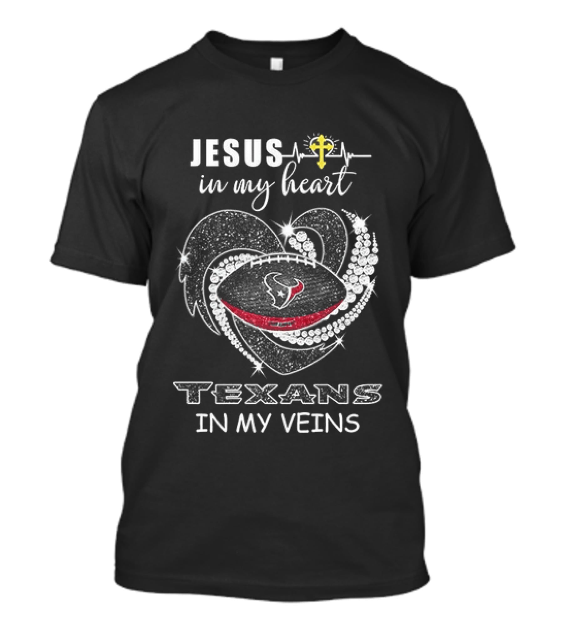 Houston Texans Jesus In My Heart Texans In My Veins Diamond Heart Christian T-Shirt