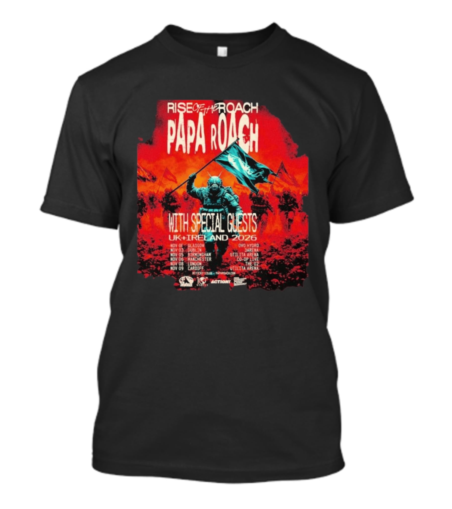 Papa Roach Rise Of The Roach With Special Guests UK Ireland Tour 2026 Dates Glasgow Dublin Birmingham Manchester London Cardiff T-Shirt