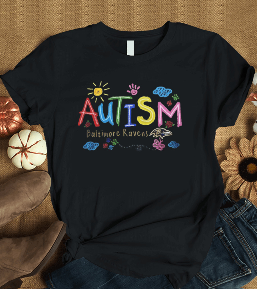 Baltimore Ravens Autism Awareness Teach Love Hope Colorful Puzzle Pieces T-Shirt