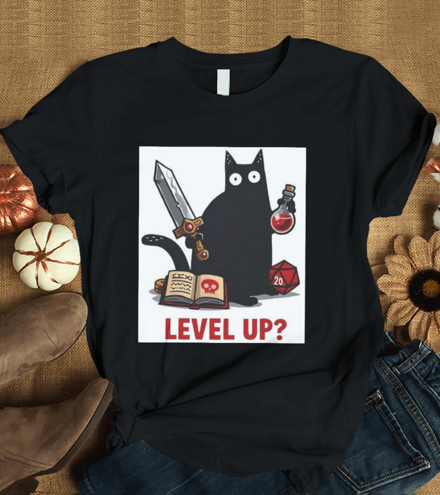 Black Cat Level Up Sword Potion D20 Dice Book Dungeons And Dragons T-Shirt