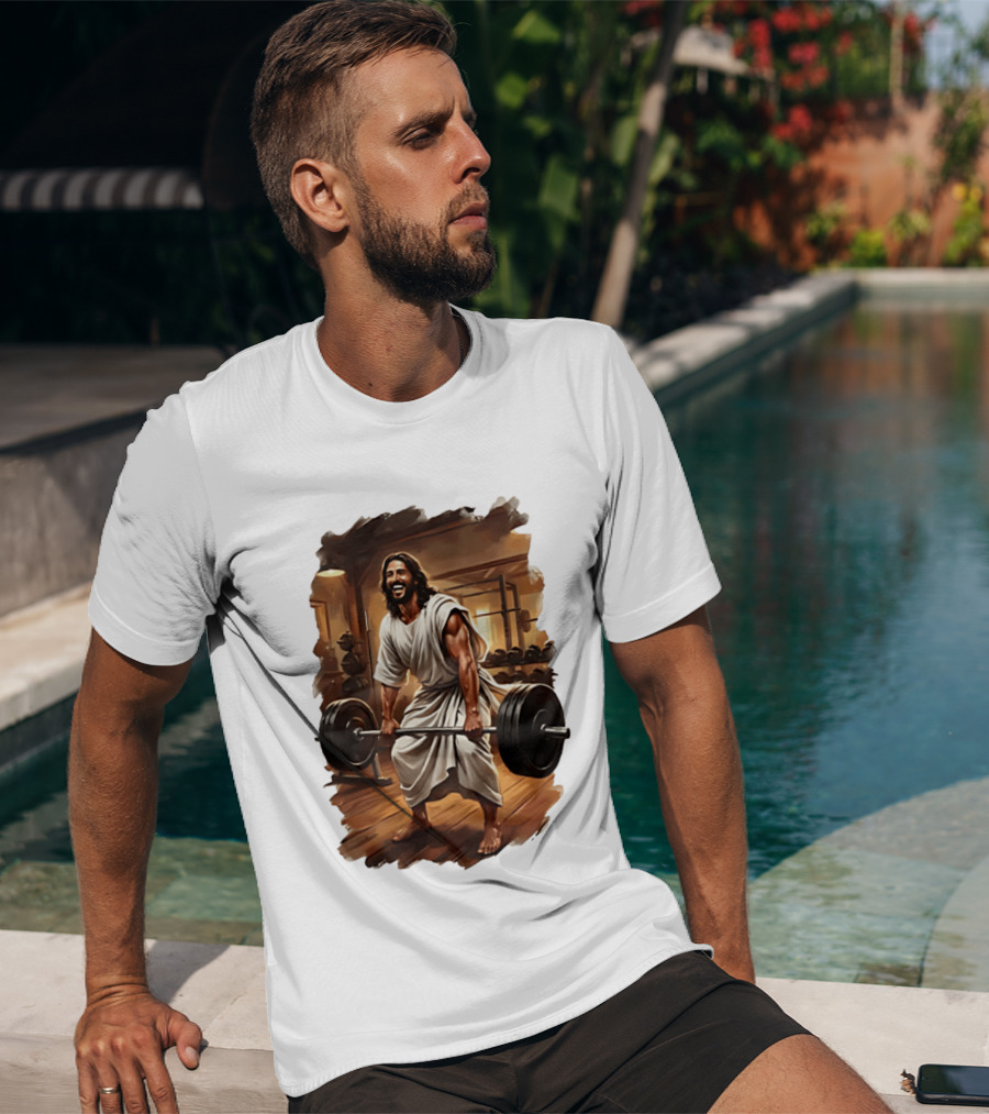 Jesus Lifting Weights In Gym Spiritual Fitness Motivation T-Shirt