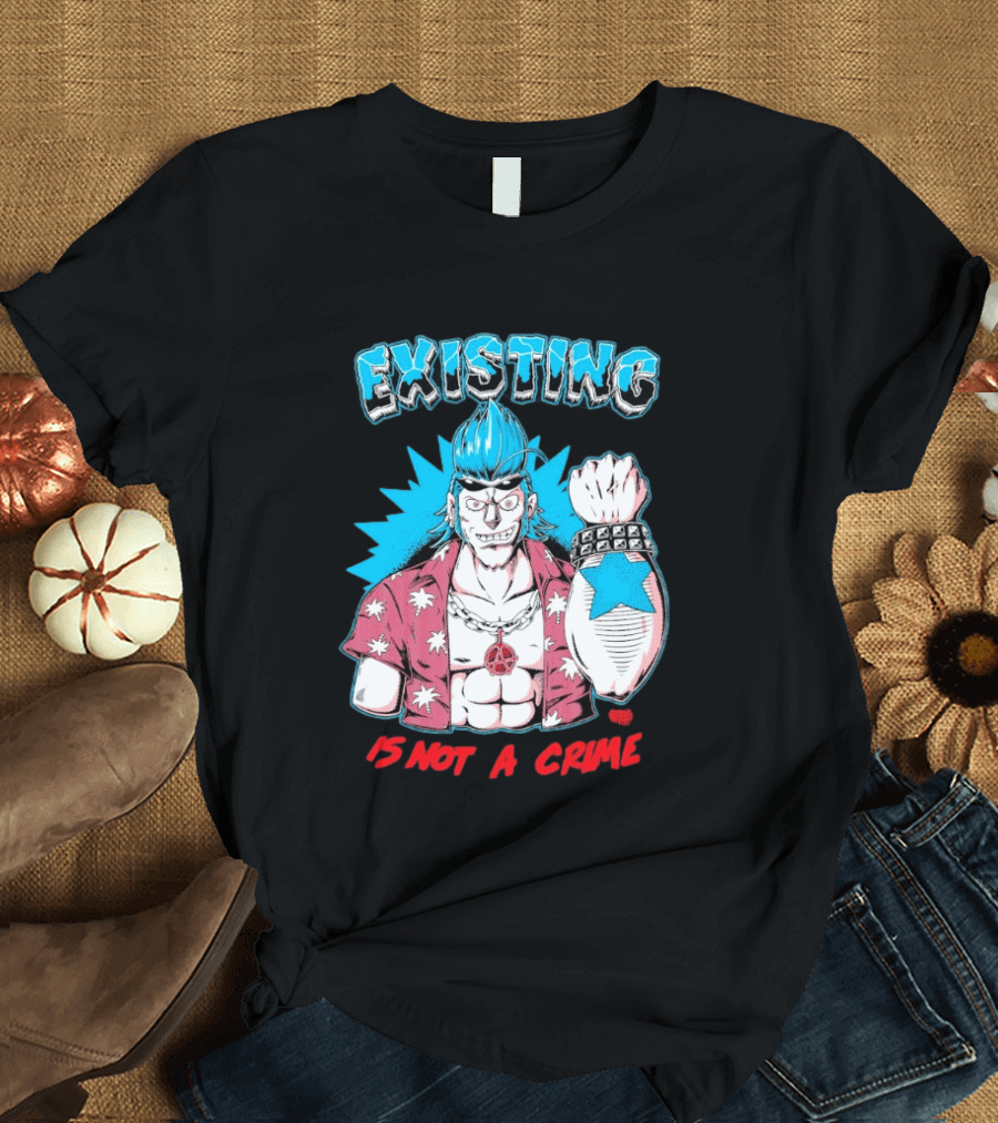EXISTING IS NOT A CRIME Anime Punk Character Blue Hair Star Tattoo T-Shirt