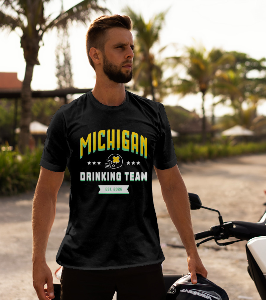 Michigan Wolverines Drinking Team St Patrick's Day Est 2026 Football Helmet Four Leaf Clover T-Shirt