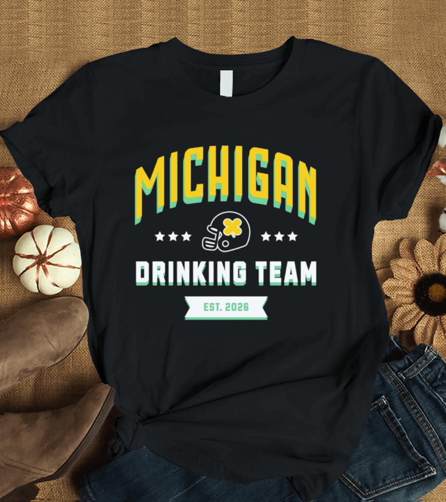 Michigan Wolverines Drinking Team St Patrick's Day Est 2026 Football Helmet Four Leaf Clover T-Shirt