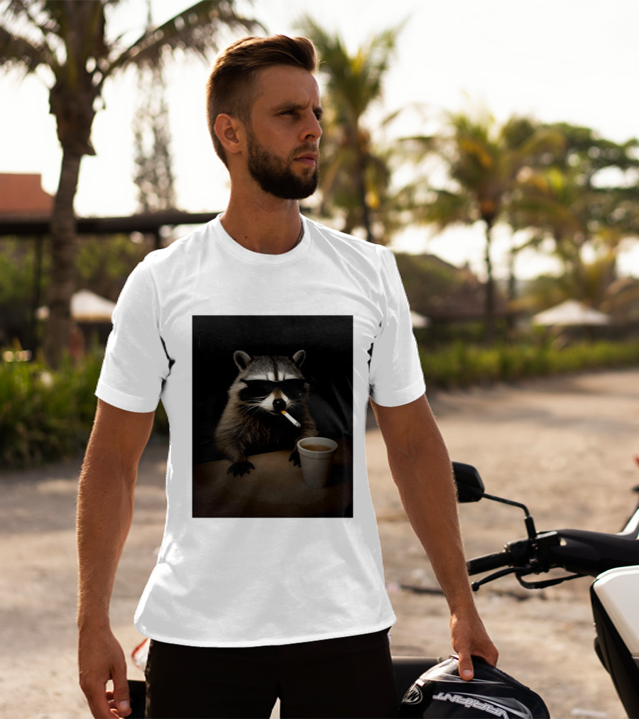 Raccoon Drinking Coffee Smoking Cigarette Wearing Sunglasses T-Shirt