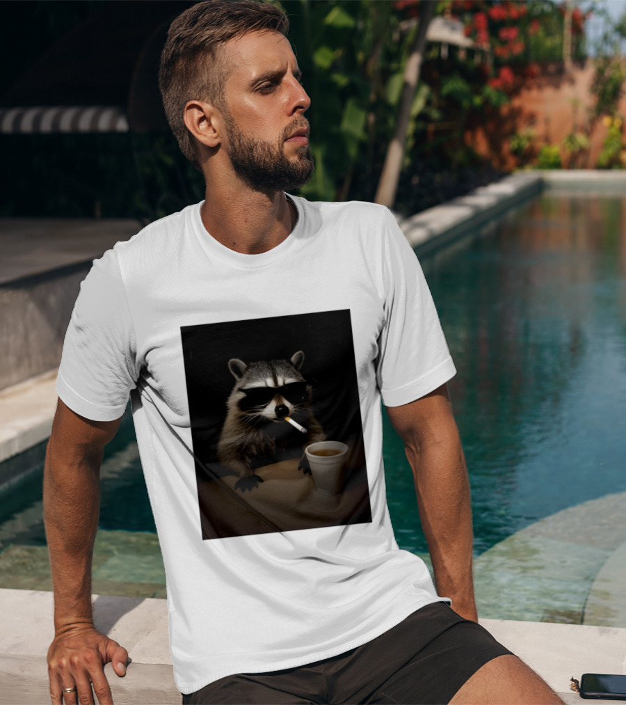 Raccoon Drinking Coffee Smoking Cigarette Wearing Sunglasses T-Shirt