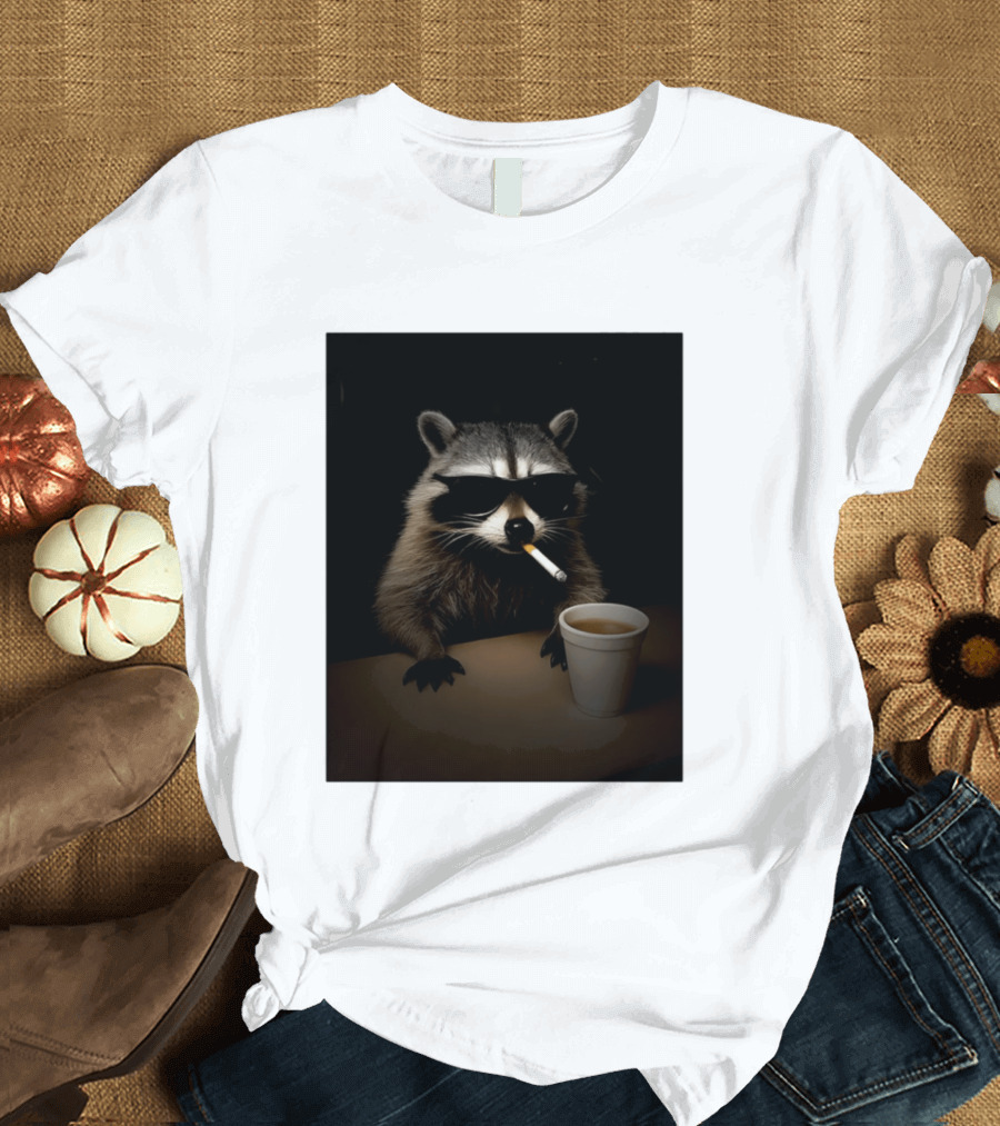 Raccoon Drinking Coffee Smoking Cigarette Wearing Sunglasses T-Shirt