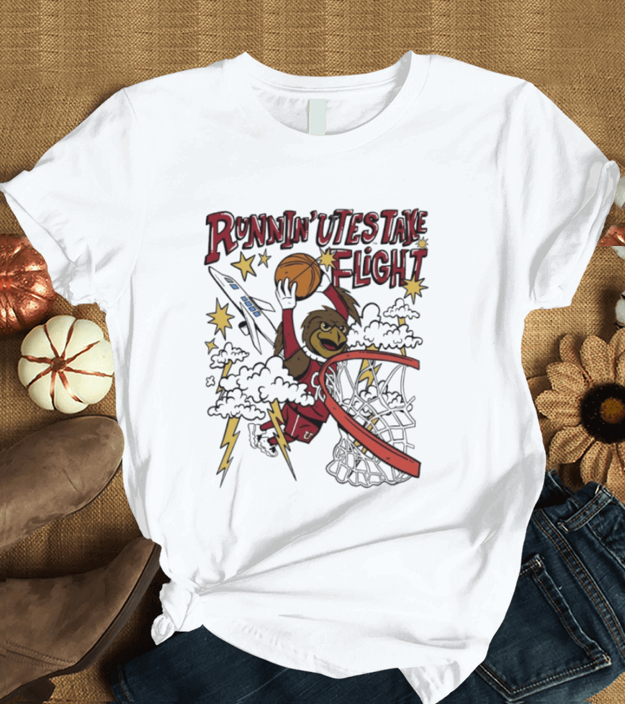Runnin' Utes Take Flight Basketball Mascot Dunking With Clouds Lightning And Jet T-Shirt
