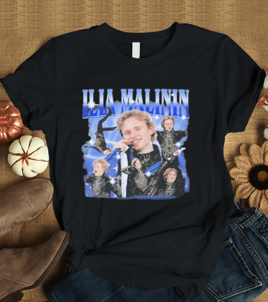 Ilia Malinin Figure Skating Star Blue Sparkle Montage T-Shirt