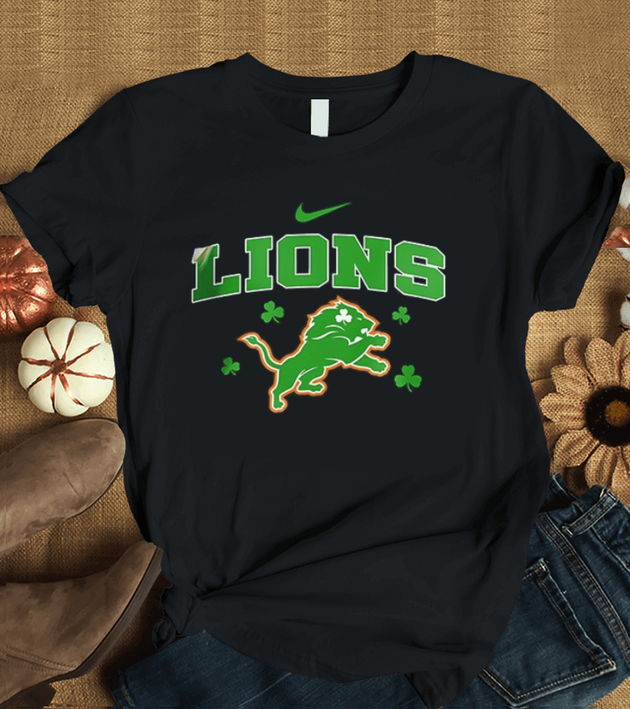 Detroit Lions Irish Theme With Green Shamrocks And Nike T-Shirt