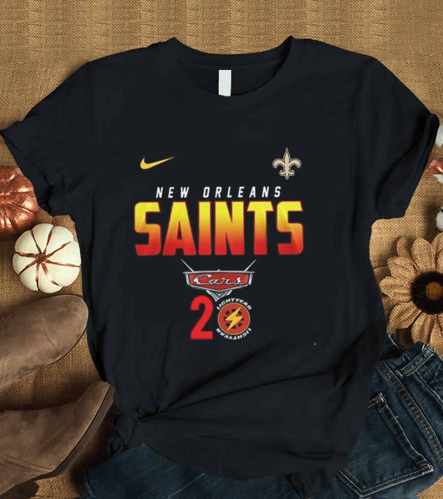 New Orleans Saints Cars 20th Anniversary Nike Fleur De Lis Lightning Bolt T-Shirt